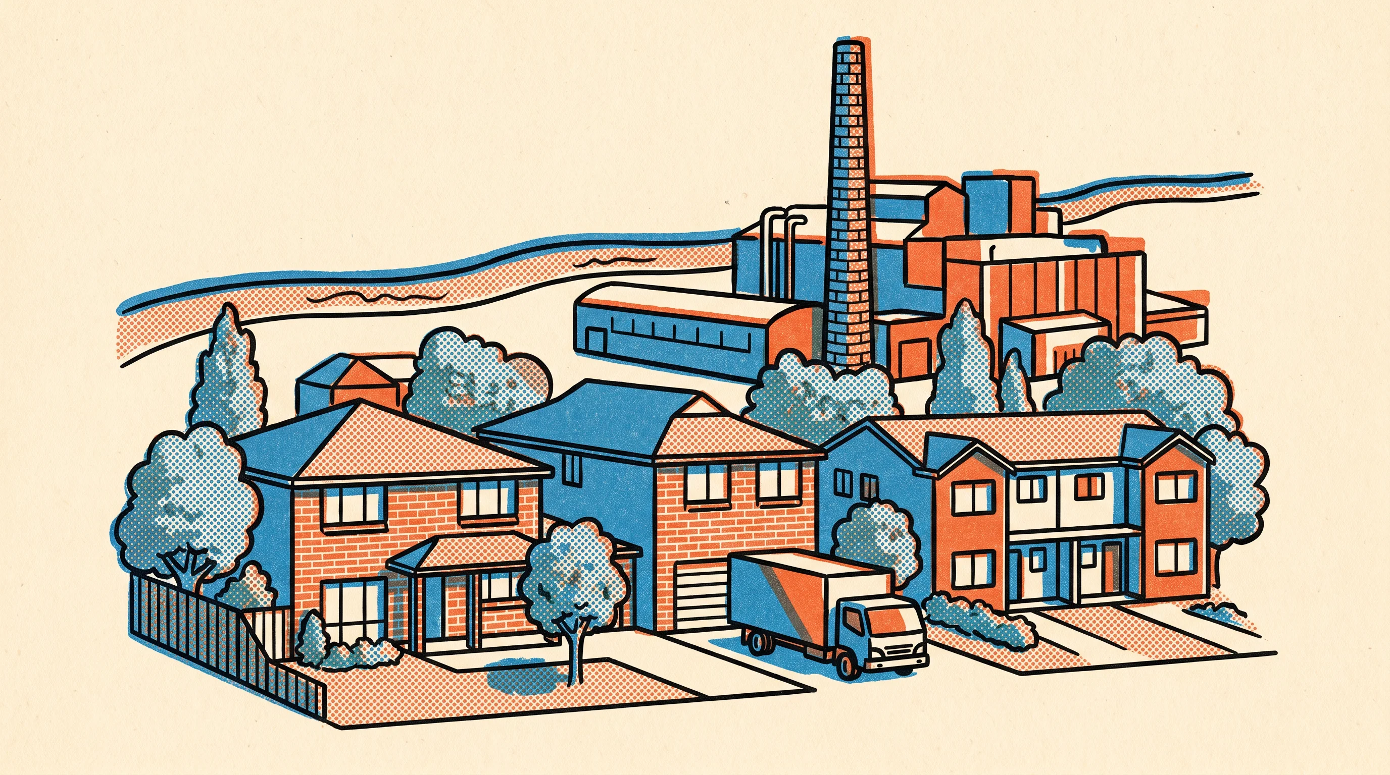 Risograph two-tone print of a removal truck on a street in Casula