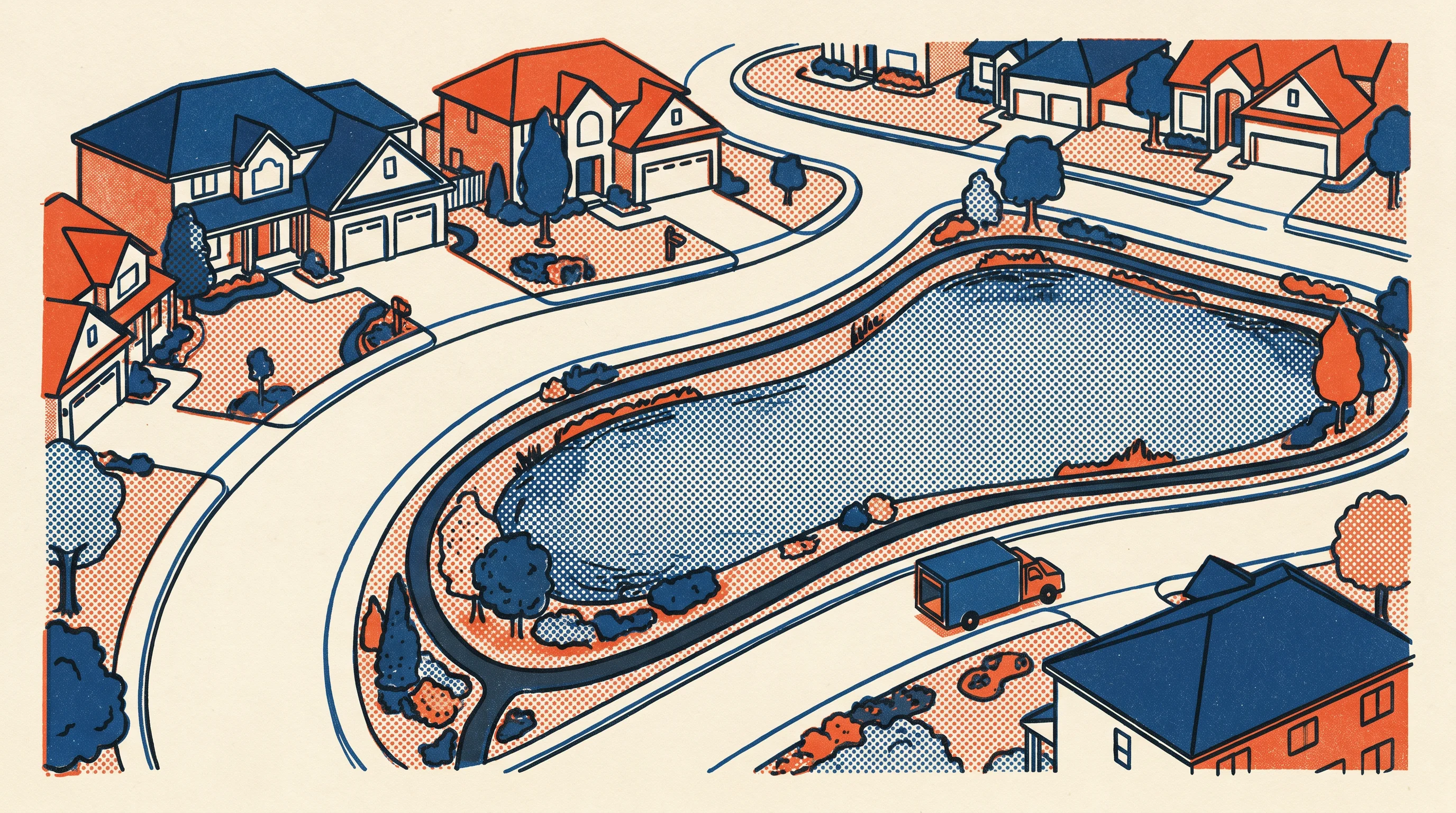 Risograph two-tone print of a removal truck on a street in Cecil Hills
