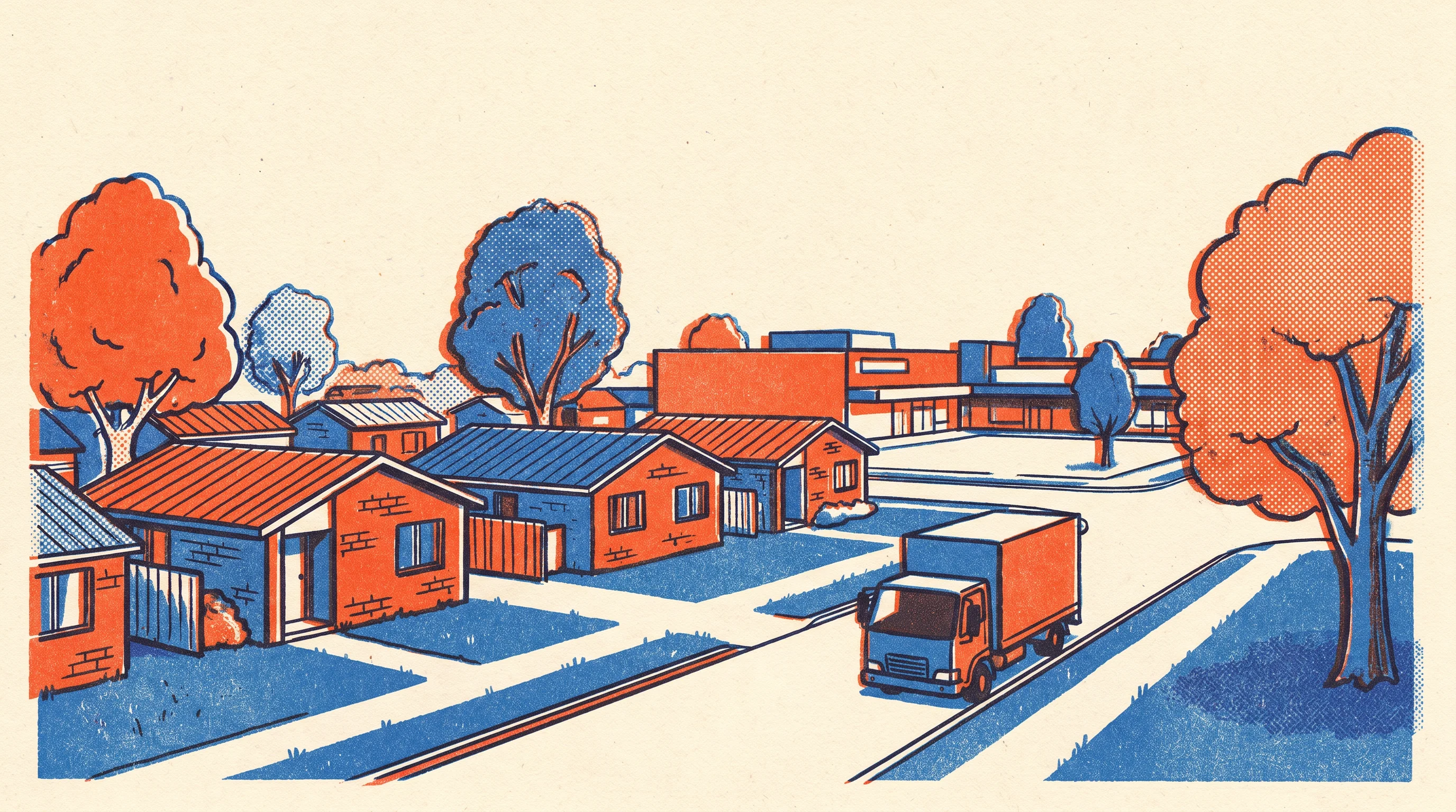 Risograph two-tone print of a removal truck on a street in Green Valley