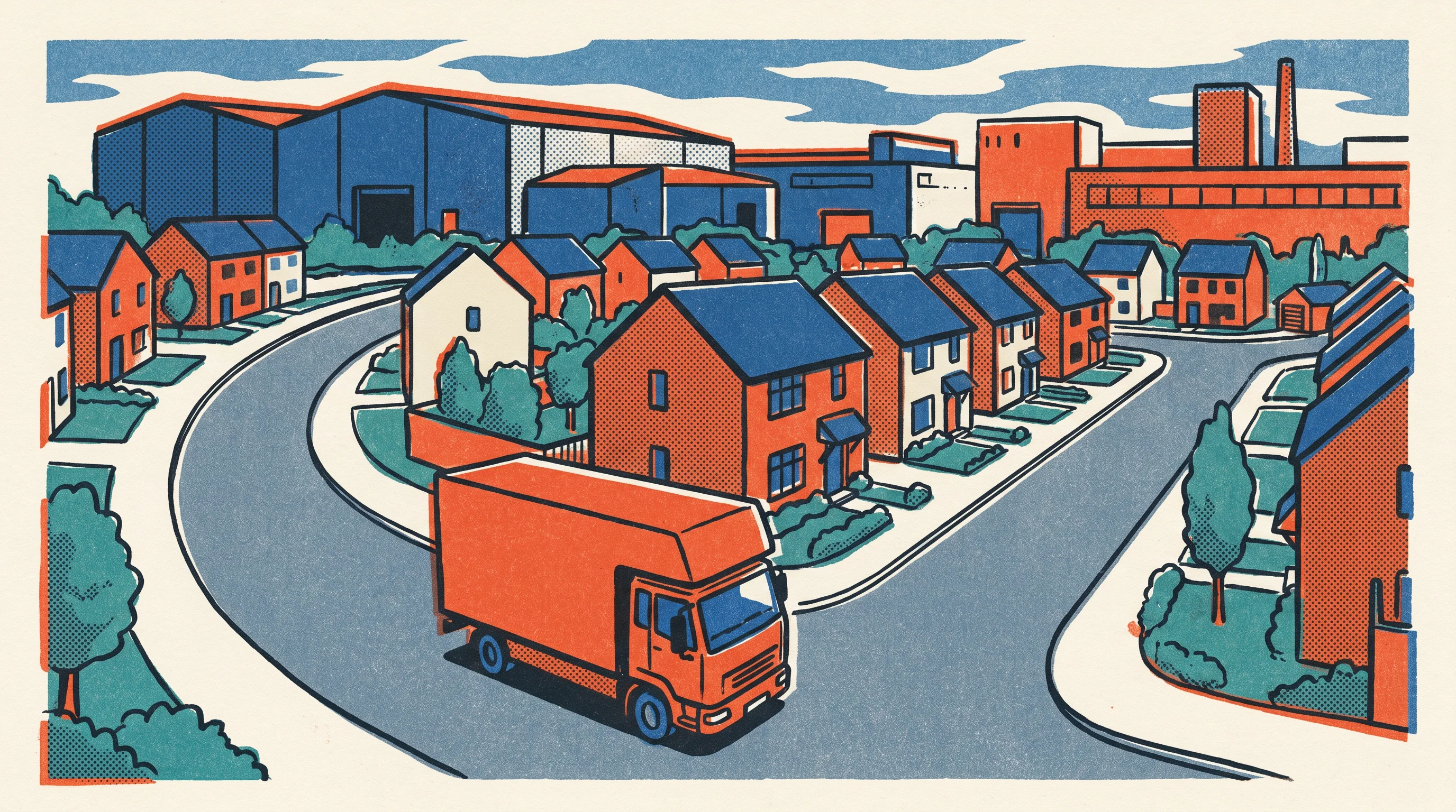 Risograph two-tone print of a removal truck on a street in Prestons